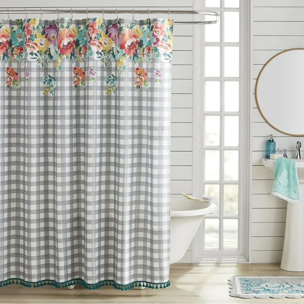 The Pioneer Woman Sweet Romance Gingham Floral Cotton-Rich Shower Curtain NEW